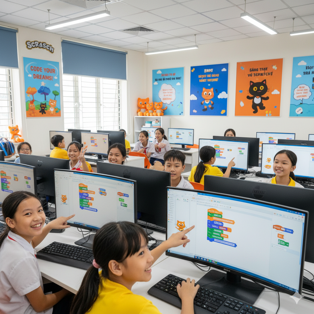 Một nhóm học sinh Việt Nam đang vui vẻ học lập trình Scratch trong phòng máy tính hiện đại.